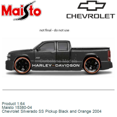 Product 1:64 | Maisto 15380-04 | Chevrolet Silverado SS Pickup Black and Orange 2004