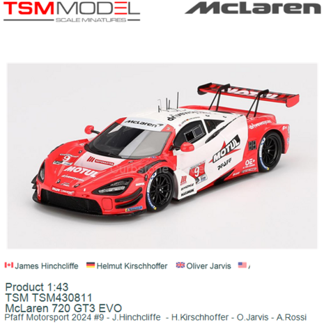 Product 1:43 | TSM TSM430811 | McLaren 720 GT3 EVO | Pfaff Motorsport 2024 #9 - J.Hinchcliffe  - H.Kirschhoffer - O.Jarvis - A.