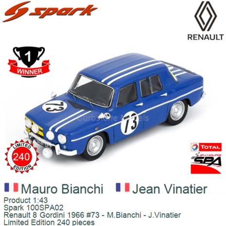 Product 1:43 | Spark 100SPA02 | Renault 8 Gordini 1966 #73 - M.Bianchi - J.Vinatier