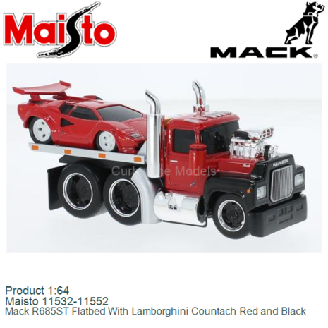 Product 1:64 | Maisto 11532-11552 | Mack R685ST Flatbed With Lamborghini Countach Red and Black
