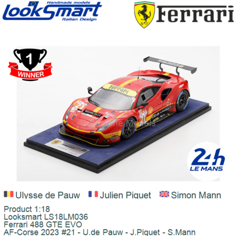 Product 1:18 | Looksmart LS18LM036 | Ferrari 488 GTE EVO | AF-Corse 2023 #21 - U.de Pauw - J.Piquet - S.Mann
