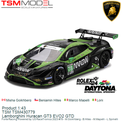 Product 1:43 | TSM TSM430779 | Lamborghini Huracan GT3 EVO2 GTD | Forte Racing Powered by US RaceTronics 2023 #78 - M.Goikhberg