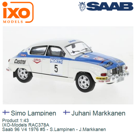 Product 1:43 | IXO-Models RAC378A | Saab 96 V4 1976 #5 - S.Lampinen - J.Markkanen