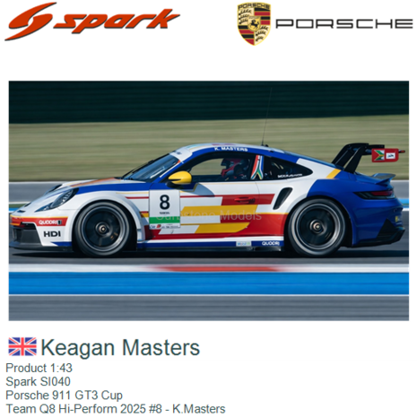 Product 1:43 | Spark SI040 | Porsche 911 GT3 Cup | Team Q8 Hi-Perform 2025 #8 - K.Masters 