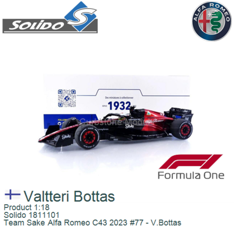 Product 1:18 | Solido 1811101 | Team Sake Alfa Romeo C43 2023 #77 - V.Bottas