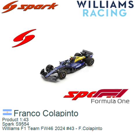 Product 1:43 | Spark S9554 | Williams F1 Team FW46 2024 #43 - F.Colapinto