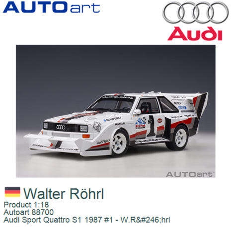 Product 1:18 | Autoart 88700 | Audi Sport Quattro S1 1987 #1 - W.Röhrl
