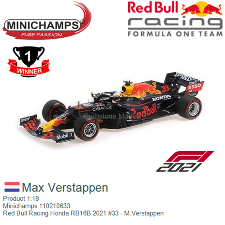 Product 1:18 | Minichamps 110210633 | Red Bull Racing Honda RB16B 2021 #33 - M.Verstappen
