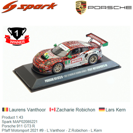 Product 1:43 | Spark MAP02085221 | Porsche 911 GT3 R | Pfaff Motorsport 2021 #9 - L.Vanthoor - Z.Robichon - L.Kern