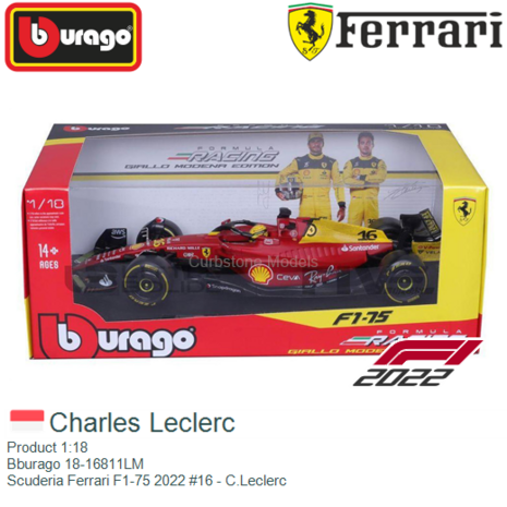 Product 1:18 | Bburago 18-16811LM | Scuderia Ferrari F1-75 2022 #16 - C.Leclerc