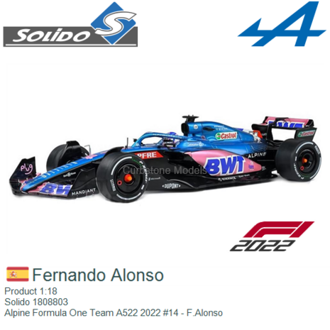 Product 1:18 | Solido 1808803 | Alpine Formula One Team A522 2022 #14 - F.Alonso