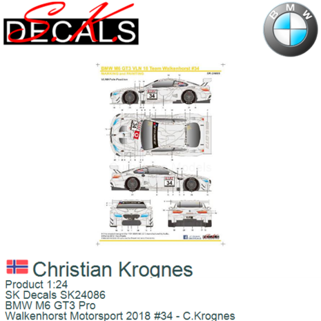 Product 1:24 | SK Decals SK24086 | BMW M6 GT3 Pro | Walkenhorst Motorsport 2018 #34 - C.Krognes