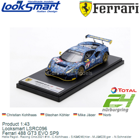 Product 1:43 | Looksmart LSRC096 | Ferrari 488 GT3 EVO SP9 | Hella Pagid - Racing One 2021 #14 - C.Kohlhaas - S.Köhler