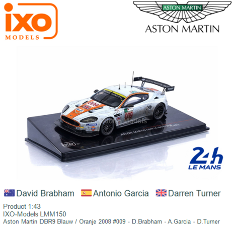 Product 1:43 | IXO-Models LMM150 | Aston Martin DBR9 Blauw / Oranje 2008 #009 - D.Brabham - A.Garcia - D.Turner