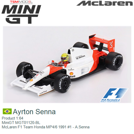 Product 1:64 | MiniGT MGT01120-BL | McLaren F1 Team Honda MP4/6 1991 #1 - A.Senna