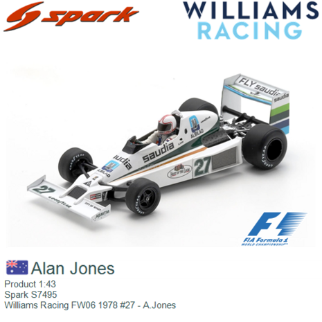 Product 1:43 | Spark S7495 | Williams Racing FW06 1978 #27 - A.Jones