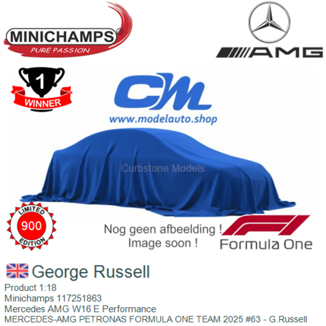 Product 1:18 | Minichamps 117251863 | Mercedes AMG W16 E Performance | MERCEDES-AMG PETRONAS FORMULA ONE TEAM 2025 #63 - G.Russ