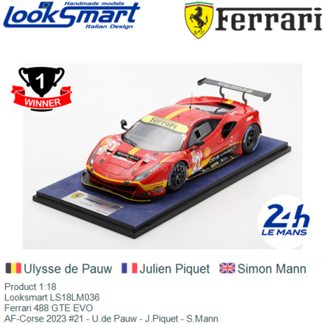 Product 1:18 | Looksmart LS18LM036 | Ferrari 488 GTE EVO | AF-Corse 2023 #21 - U.de Pauw - J.Piquet - S.Mann