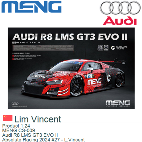 Product 1:24 | MENG CS-009 | Audi R8 LMS GT3 EVO II | Absolute Racing 2024 #27 - L.Vincent