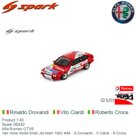 Product 1:43 | Spark SB542 | Alfa Romeo GTV6 | Van&nbsp;Hove Mobil Smet Jet-team 1982 #46 - R.Drovandi - V.Ciardi - R.Croce