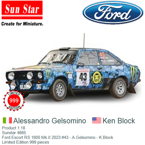 Product 1:18 | Sunstar 4865 | Ford Escort RS 1800 Mk.II 2023 #43 - A.Gelsomino - K.Block
