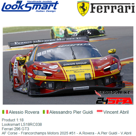 Product 1:18 | Looksmart LS18RC038 | Ferrari 296 GT3 | AF Corse - Francorchamps Motors 2025 #51 - A.Rovera - A.Pier Guidi - V.A