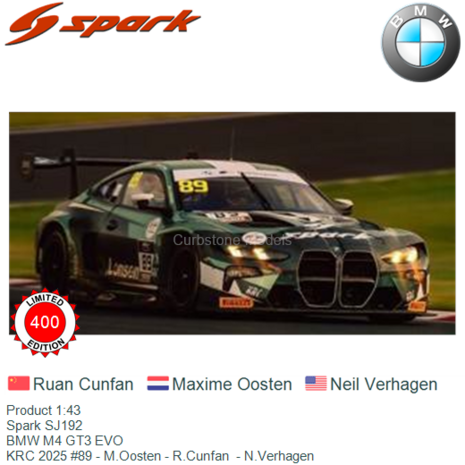 Product 1:43 | Spark SJ192 | BMW M4 GT3 EVO | KRC 2025 #89 - M.Oosten - R.Cunfan  - N.Verhagen
