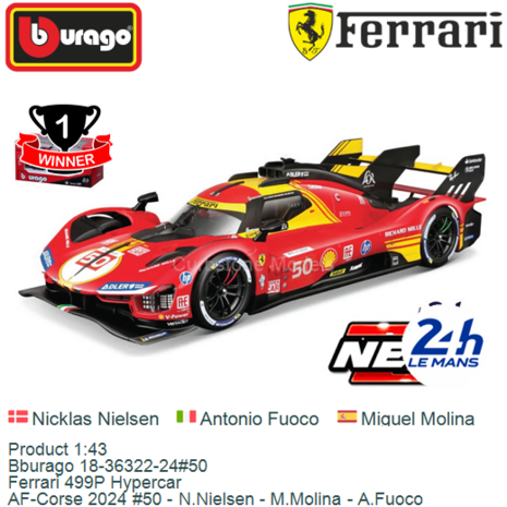 Product 1:43 | Bburago 18-36322-24#50 | Ferrari 499P Hypercar | AF-Corse 2024 #50 - N.Nielsen - M.Molina - A.Fuoco
