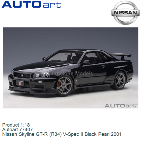 Product 1:18 | Autoart 77407 | Nissan Skyline GT-R (R34) V-Spec II Black Pearl 2001