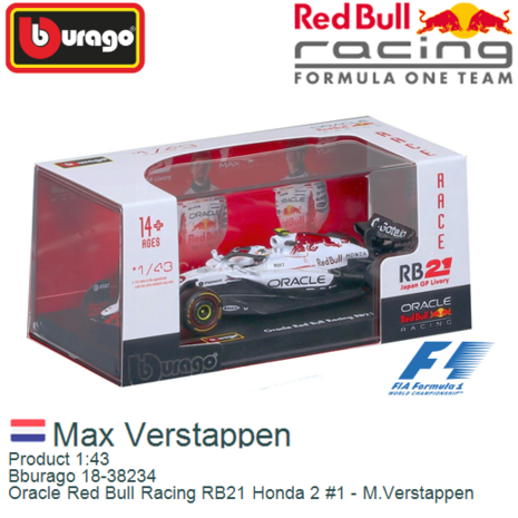 Product 1:43 | Bburago 18-38234 | Oracle Red Bull Racing RB21 Honda 2 #1 - M.Verstappen