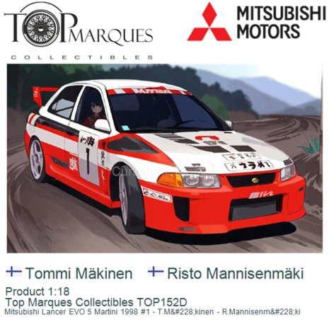 Product 1:18 | Top Marques Collectibles TOP152D | Mitsubishi Lancer EVO 5 Martini 1998 #1 - T.Mäkinen - R.Mannisenm&am