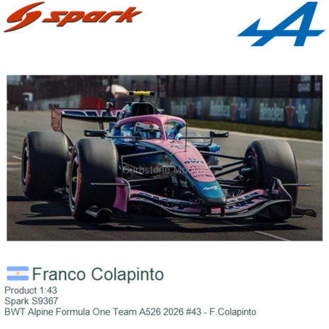 Product 1:43 | Spark S9367 | BWT Alpine Formula One Team A526 2026 #43 - F.Colapinto