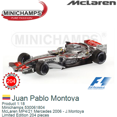 Product 1:18 | Minichamps 530061804 | McLaren MP4/21 Mercedes 2006 - J.Montoya
