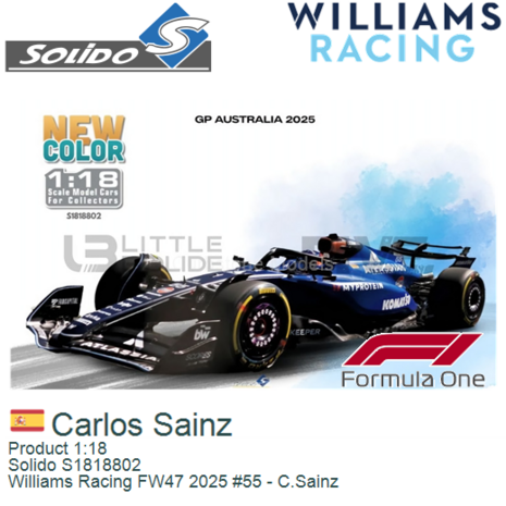 Product 1:18 | Solido S1818802 | Williams Racing FW47 2025 #55 - C.Sainz