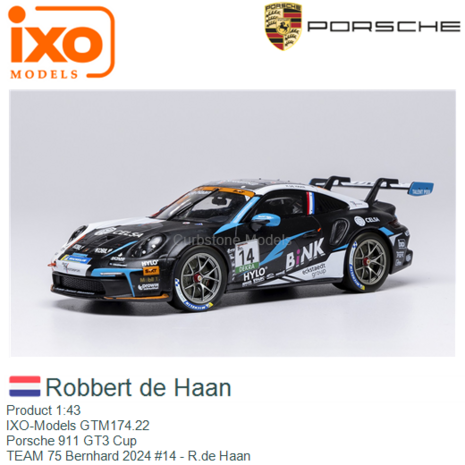 Product 1:43 | IXO-Models GTM174.22 | Porsche 911 GT3 Cup | TEAM 75 Bernhard 2024 #14 - R.de Haan