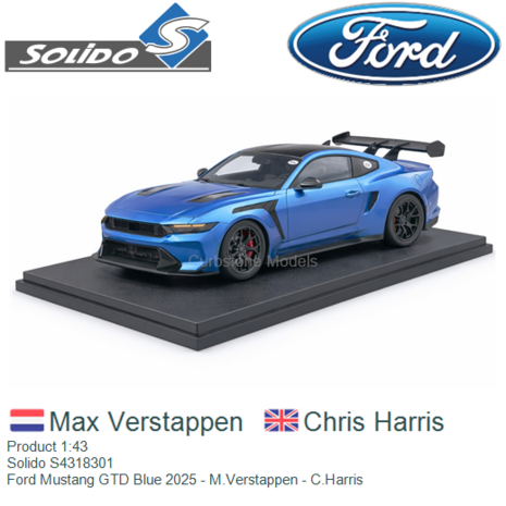 Product 1:43 | Solido S4318301 | Ford Mustang GTD Blue 2025 - M.Verstappen - C.Harris