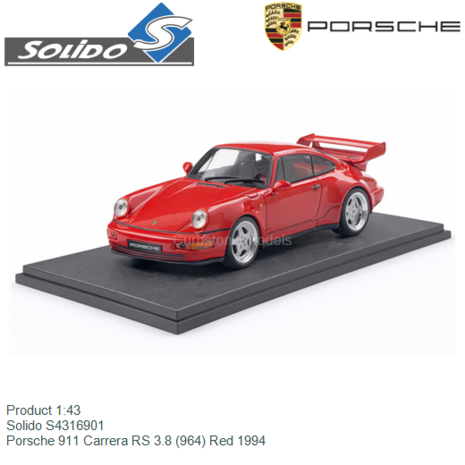 Product 1:43 | Solido S4316901 | Porsche 911 Carrera RS 3.8 (964) Red 1994