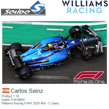 Product 1:18 | Solido S1818803 | Williams Racing FW47 2025 #55 - C.Sainz