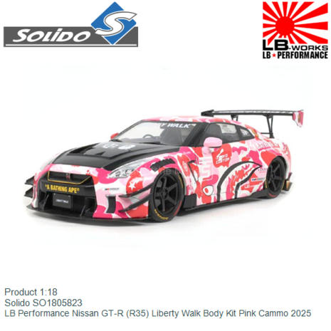 Product 1:18 | Solido SO1805823 | LB Performance Nissan GT-R (R35) Liberty Walk Body Kit Pink Cammo 2025