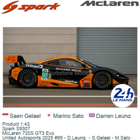 Product 1:43 | Spark S9307 | McLaren 720S GT3 Evo | United Autosports 2025 #95 - D.Leung  - S.Gelael - M.Sato