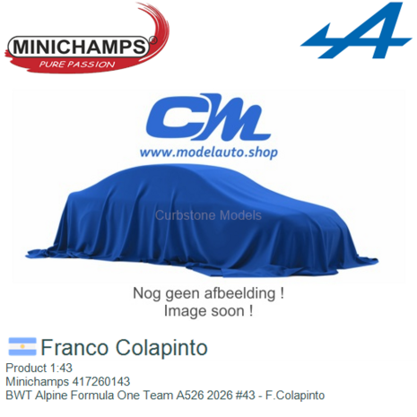 Product 1:43 | Minichamps 417260143 | BWT Alpine Formula One Team A526 2026 #43 - F.Colapinto