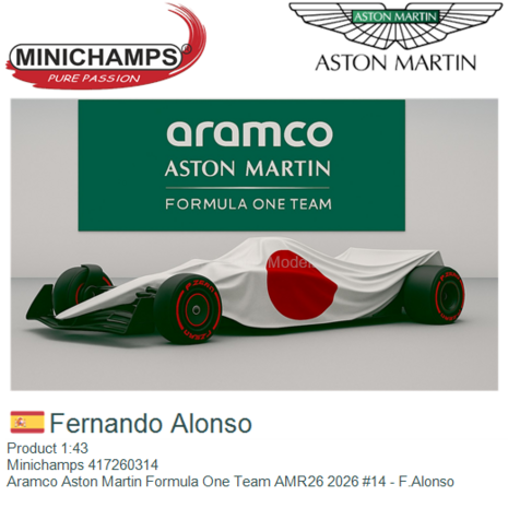 Product 1:43 | Minichamps 417260314 | Aramco Aston Martin Formula One Team AMR26 2026 #14 - F.Alonso