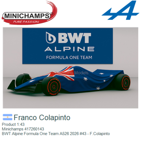 Product 1:43 | Minichamps 417260143 | BWT Alpine Formula One Team A526 2026 #43 - F.Colapinto