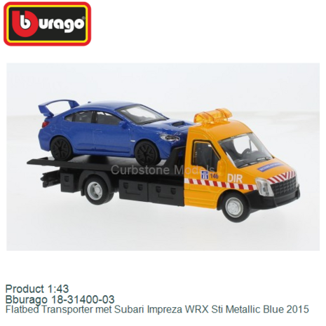 Product 1:43 | Bburago 18-31400-03 | Flatbed Transporter met Subari Impreza WRX Sti Metallic Blue 2015