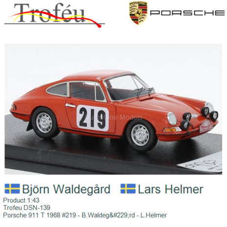 Product 1:43 | Trofeu DSN-139 | Porsche 911 T 1968 #219 - B.Waldegård - L.Helmer