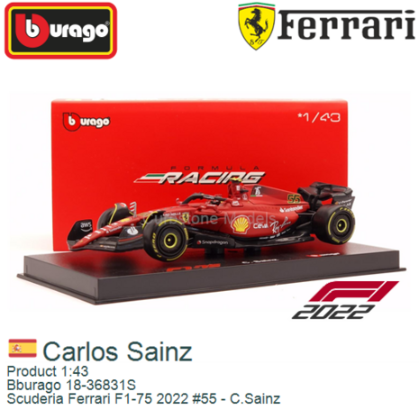 Product 1:43 | Bburago 18-36831S | Scuderia Ferrari F1-75 2022 #55 - C.Sainz