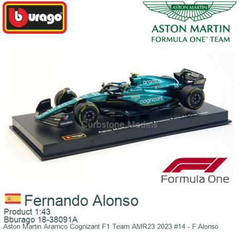 Product 1:43 | Bburago 18-38091A | Aston Martin Aramco Cognizant F1 Team AMR23 2023 #14 - F.Alonso