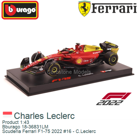 Product 1:43 | Bburago 18-36831LM | Scuderia Ferrari F1-75 2022 #16 - C.Leclerc