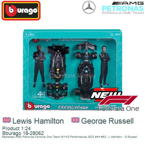 Product 1:24 | Bburago 18-28062 | Mercedes AMG Petronas Formula One Team W14 E-Performance 2023 #44 #63 - L.Hamilton - G.Russel