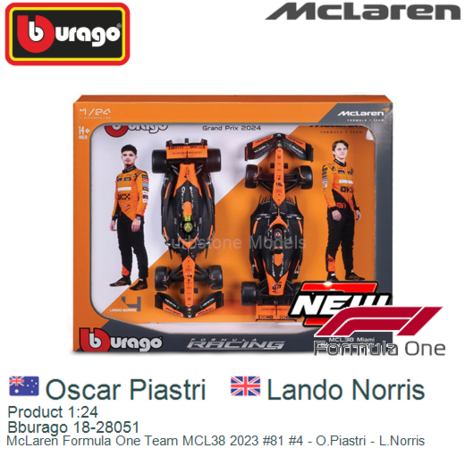 Product 1:24 | Bburago 18-28051 | McLaren Formula One Team MCL38 2023 #81 #4 - O.Piastri - L.Norris